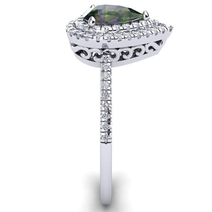 1-1/5 Carat Pear Shape Mystic Topaz Ring With Double Diamond Halo In 14 Karat White Gold