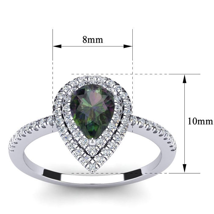 1-1/5 Carat Pear Shape Mystic Topaz Ring With Double Diamond Halo In 14 Karat White Gold