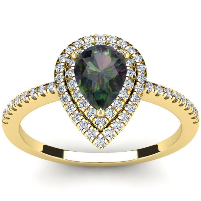 1-1/5 Carat Pear Shape Mystic Topaz Ring With Double Diamond Halo In 14 Karat Yellow Gold