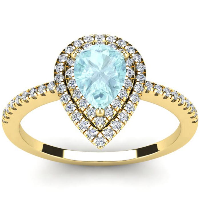 Aquamarine Ring: Aquamarine Jewelry: 1 Carat Pear Shape Aquamarine and Double Halo Diamond Ring In 14 Karat Yellow Gold