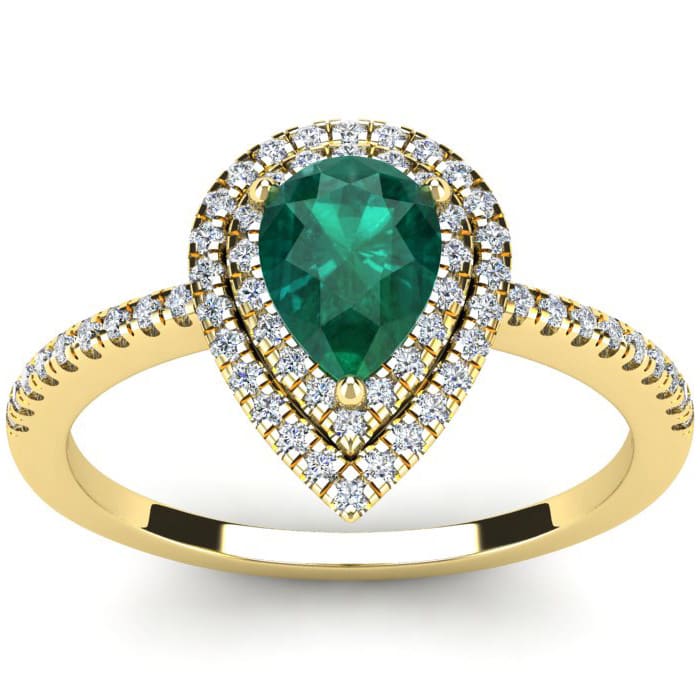 1 Carat Pear Shape Emerald and Double Halo Diamond Ring In 14 Karat Yellow Gold