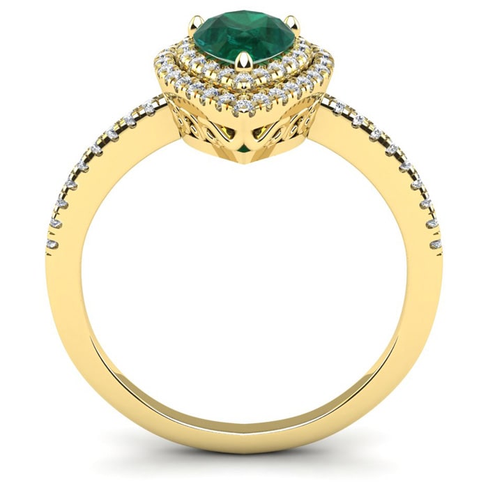 1 Carat Pear Shape Emerald and Double Halo Diamond Ring In 14 Karat Yellow Gold