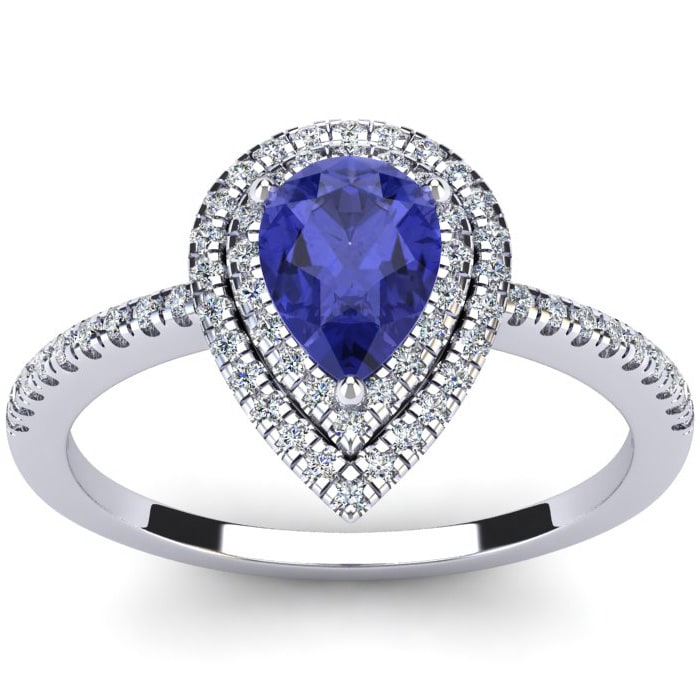 1 Carat Pear Shape Tanzanite and Double Halo Diamond Ring In 14 Karat White Gold