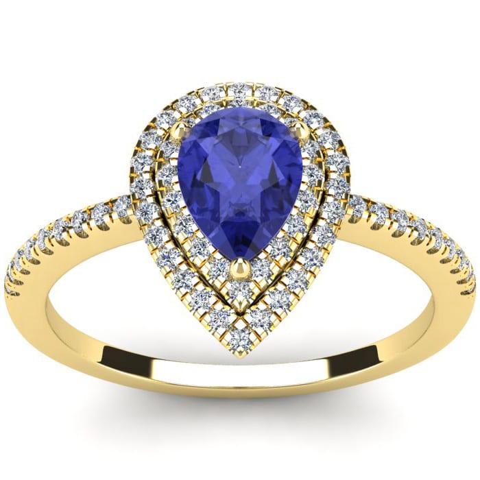 1 Carat Pear Shape Tanzanite and Double Halo Diamond Ring In 14 Karat Yellow Gold