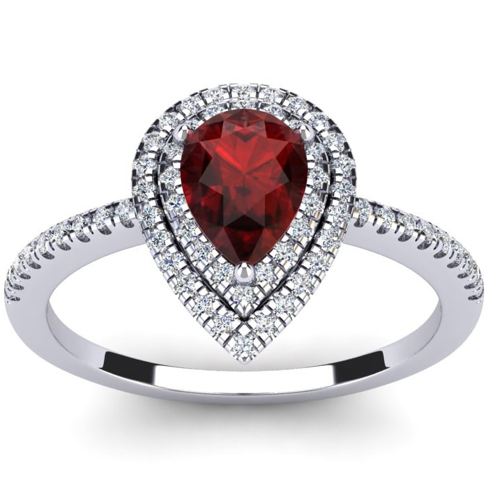 Garnet Ring: Garnet Jewelry: 1 1/5 Carat Pear Shape Garnet and Double Halo Diamond Ring In 14 Karat White Gold