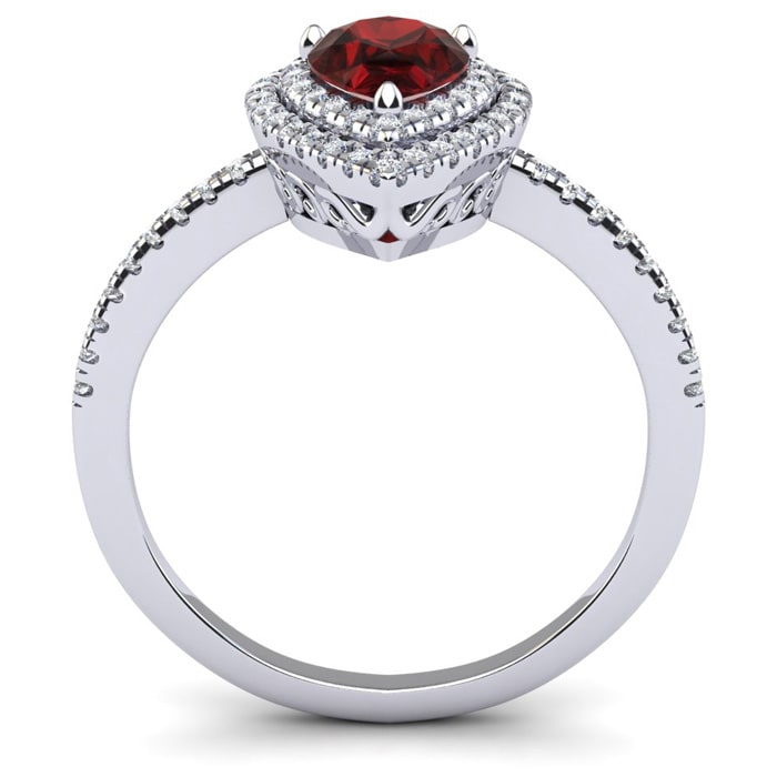 Garnet Ring: Garnet Jewelry: 1 1/5 Carat Pear Shape Garnet and Double Halo Diamond Ring In 14 Karat White Gold
