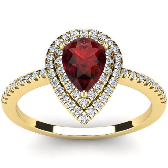 Garnet Ring: Garnet Jewelry: 1 1/5 Carat Pear Shape Garnet and Double Halo Diamond Ring In 14 Karat Yellow Gold
