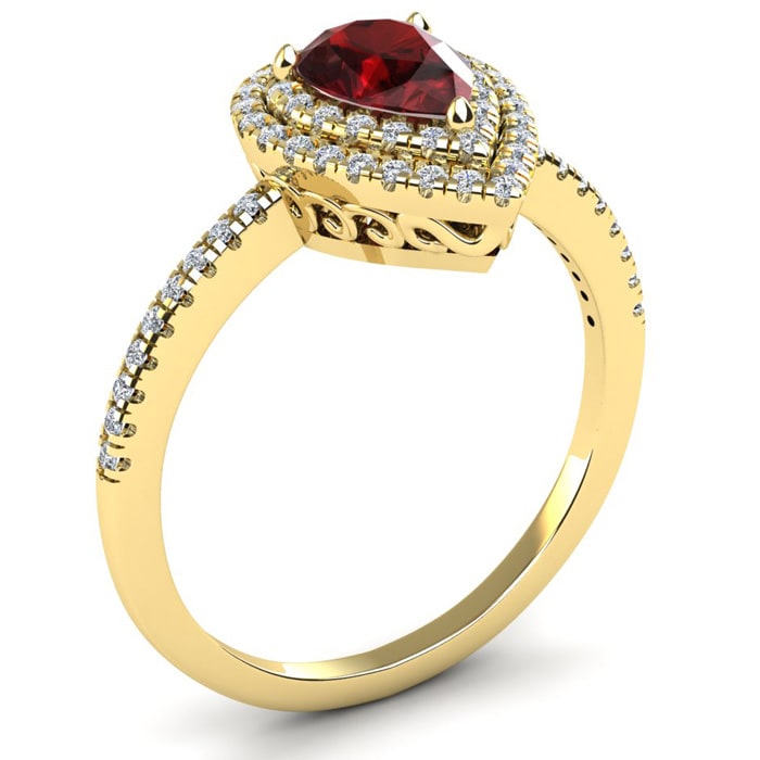 Garnet Ring: Garnet Jewelry: 1 1/5 Carat Pear Shape Garnet and Double Halo Diamond Ring In 14 Karat Yellow Gold