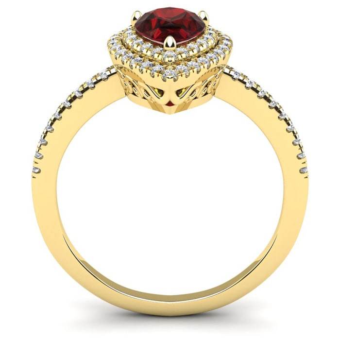 Garnet Ring: Garnet Jewelry: 1 1/5 Carat Pear Shape Garnet and Double Halo Diamond Ring In 14 Karat Yellow Gold
