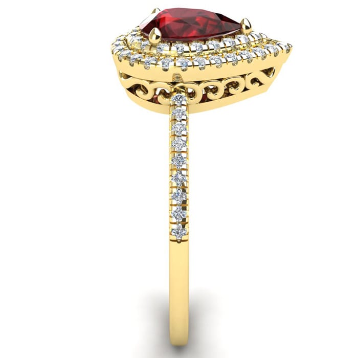 Garnet Ring: Garnet Jewelry: 1 1/5 Carat Pear Shape Garnet and Double Halo Diamond Ring In 14 Karat Yellow Gold