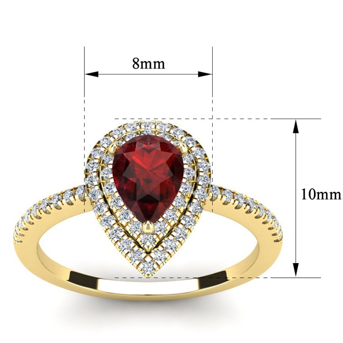Garnet Ring: Garnet Jewelry: 1 1/5 Carat Pear Shape Garnet and Double Halo Diamond Ring In 14 Karat Yellow Gold