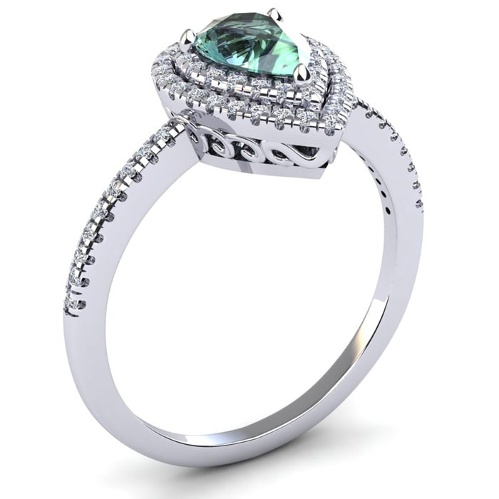 1 Carat Pear Shape Green Amethyst and Double Halo Diamond Ring In 14 Karat White Gold