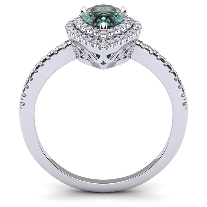 1 Carat Pear Shape Green Amethyst and Double Halo Diamond Ring In 14 Karat White Gold