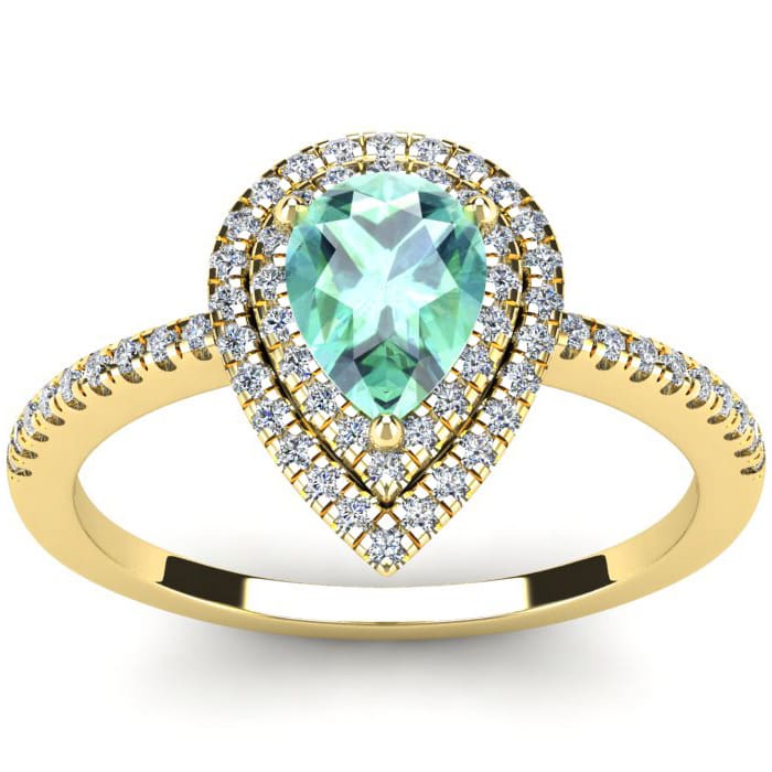 1 Carat Pear Shape Green Amethyst and Double Halo Diamond Ring In 14 Karat Yellow Gold