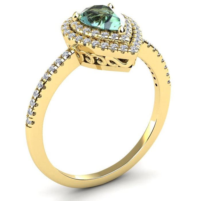 1 Carat Pear Shape Green Amethyst and Double Halo Diamond Ring In 14 Karat Yellow Gold