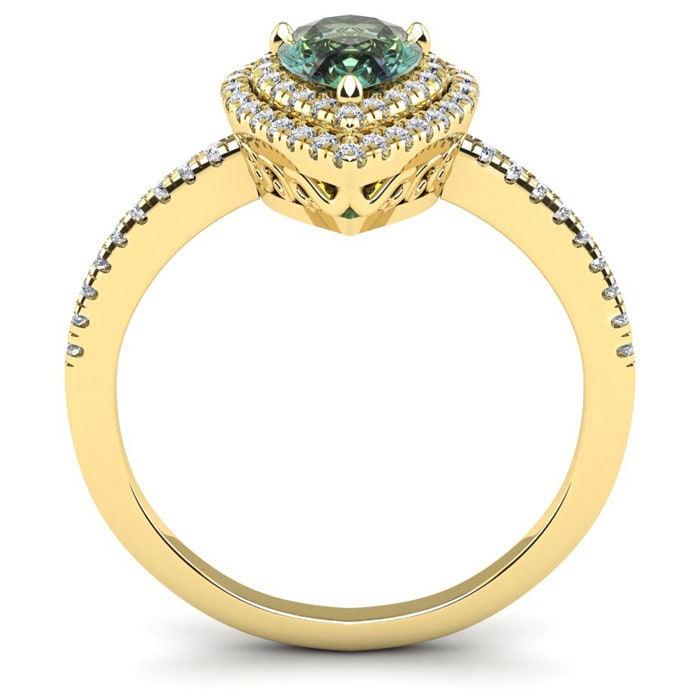 1 Carat Pear Shape Green Amethyst and Double Halo Diamond Ring In 14 Karat Yellow Gold