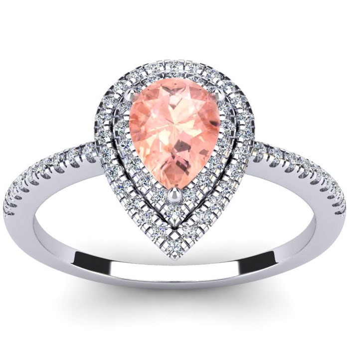 1 Carat Pear Shape Morganite and Double Halo Diamond Ring In 14 Karat White Gold