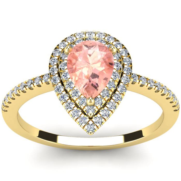 1 Carat Pear Shape Morganite and Double Halo Diamond Ring In 14 Karat Yellow Gold