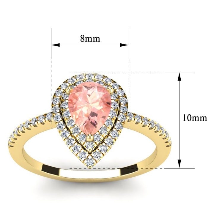1 Carat Pear Shape Morganite and Double Halo Diamond Ring In 14 Karat Yellow Gold