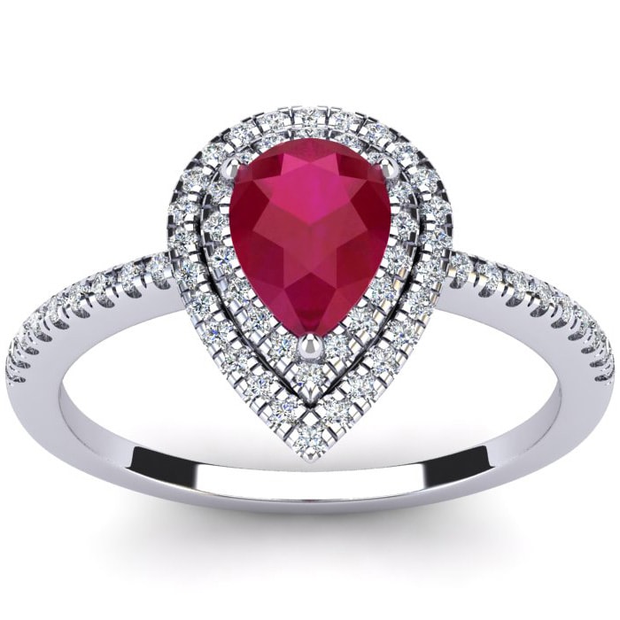 1 Carat Pear Shape Ruby and Double Halo Diamond Ring In 14 Karat White Gold