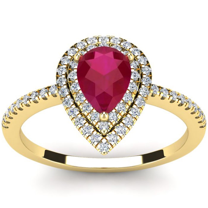1 Carat Pear Shape Ruby and Double Halo Diamond Ring In 14 Karat Yellow Gold