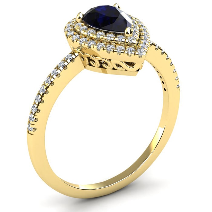 1 Carat Pear Shape Sapphire and Double Halo Diamond Ring In 14 Karat Yellow Gold