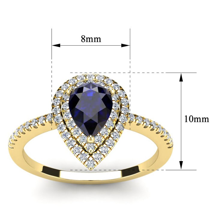 1 Carat Pear Shape Sapphire and Double Halo Diamond Ring In 14 Karat Yellow Gold