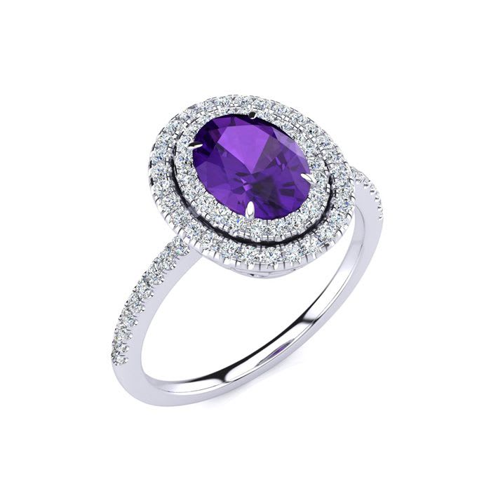 1 1/2 Carat Oval Shape Amethyst and Double Halo Diamond Ring In 14 Karat White Gold