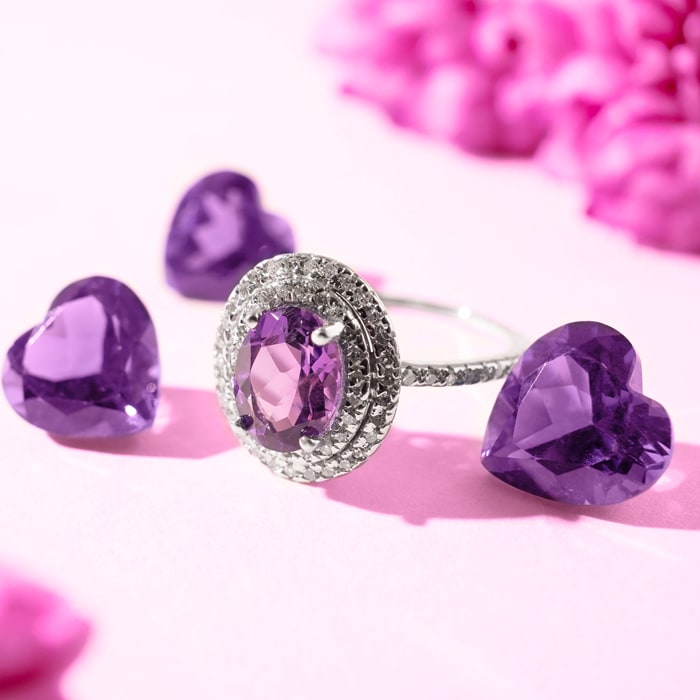 1 1/2 Carat Oval Shape Amethyst and Double Halo Diamond Ring In 14 Karat White Gold