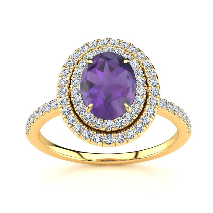 1 1/2 Carat Oval Shape Amethyst and Double Halo Diamond Ring In 14 Karat Yellow Gold