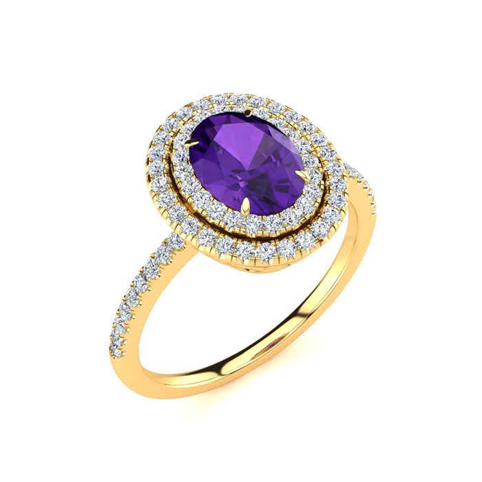 1 1/2 Carat Oval Shape Amethyst and Double Halo Diamond Ring In 14 Karat Yellow Gold