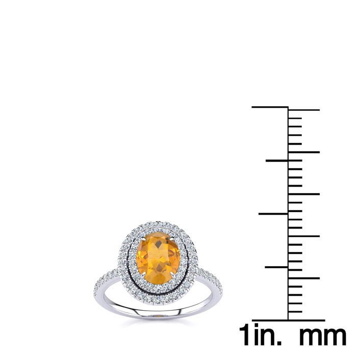 1 1/2 Carat Oval Shape Citrine and Double Halo Diamond Ring In 14 Karat White Gold