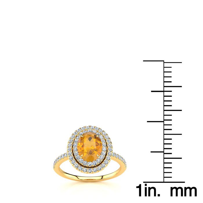 1 1/2 Carat Oval Shape Citrine and Double Halo Diamond Ring In 14 Karat Yellow Gold