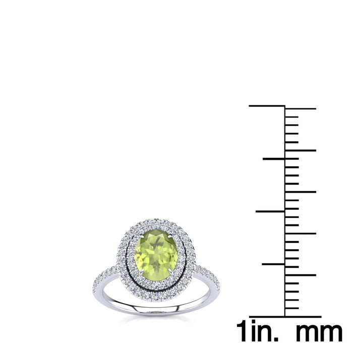 1 3/4 Carat Oval Shape Peridot and Double Halo Diamond Ring In 14 Karat White Gold
