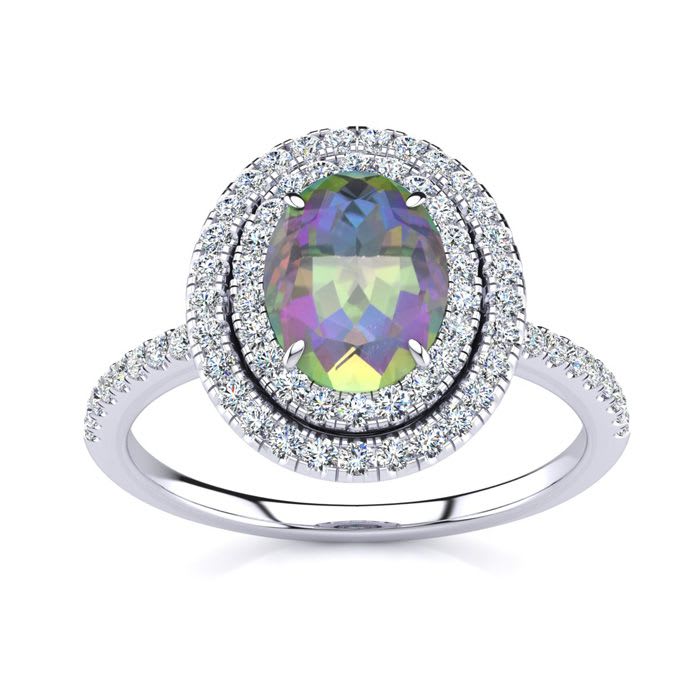 1-3/4 Carat Oval Shape Mystic Topaz Ring With Double Diamond Halo In 14 Karat White Gold