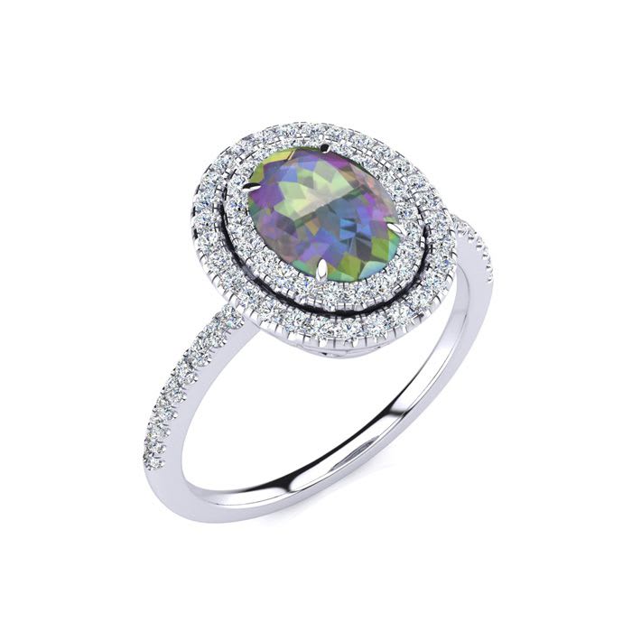 1-3/4 Carat Oval Shape Mystic Topaz Ring With Double Diamond Halo In 14 Karat White Gold
