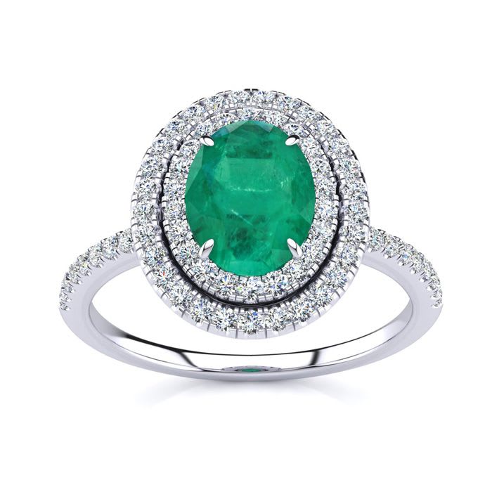 1 1/2 Carat Oval Shape Emerald and Double Halo Diamond Ring In 14 Karat White Gold