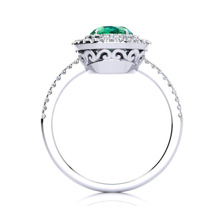 1 1/2 Carat Oval Shape Emerald and Double Halo Diamond Ring In 14 Karat White Gold