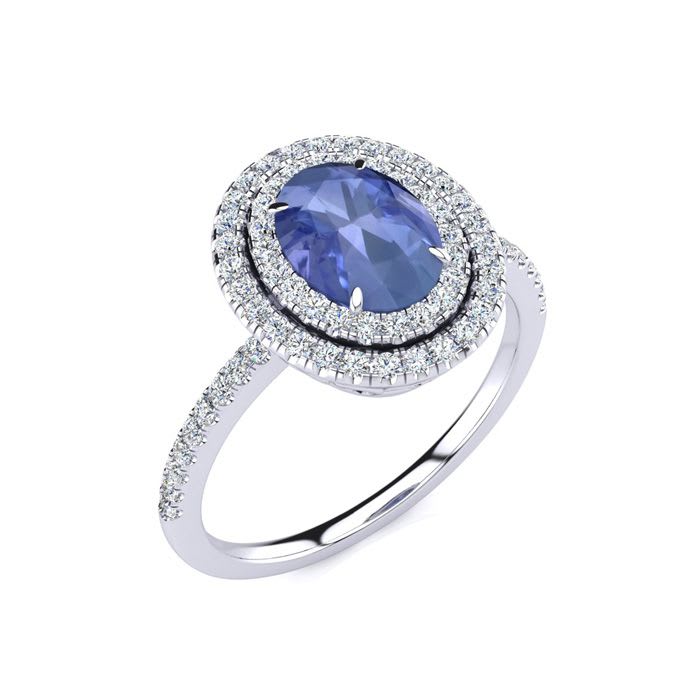 1 1/2 Carat Oval Shape Tanzanite and Double Halo Diamond Ring In 14 Karat White Gold
