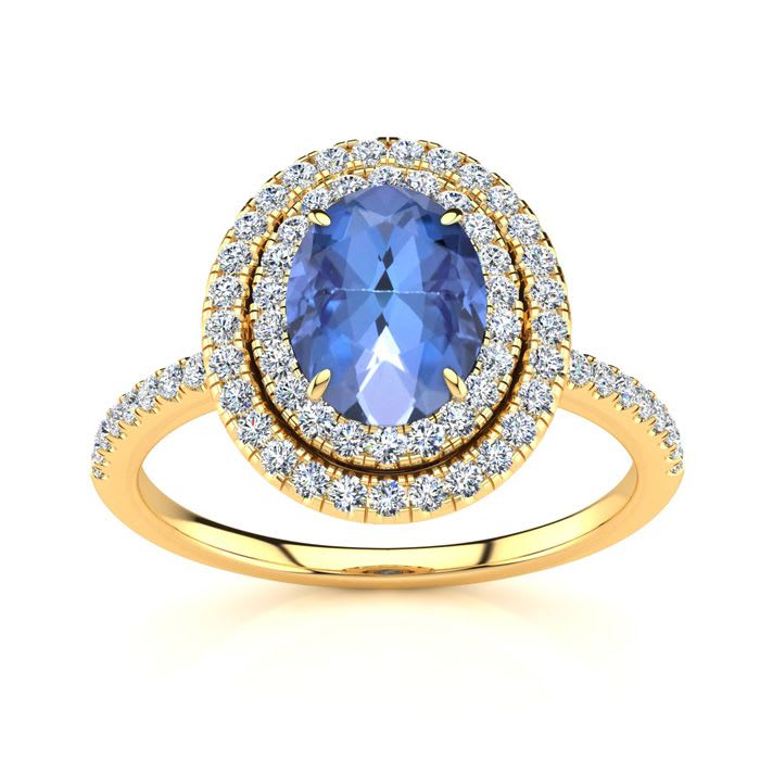 1 1/2 Carat Oval Shape Tanzanite and Double Halo Diamond Ring In 14 Karat Yellow Gold