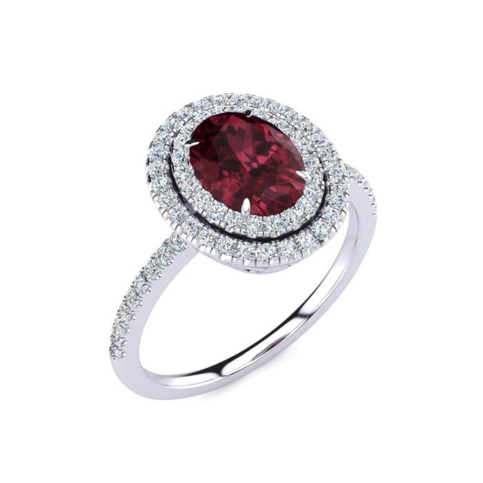 Garnet Ring: Garnet Jewelry: 1 3/4 Carat Oval Shape Garnet and Double Halo Diamond Ring In 14 Karat White Gold