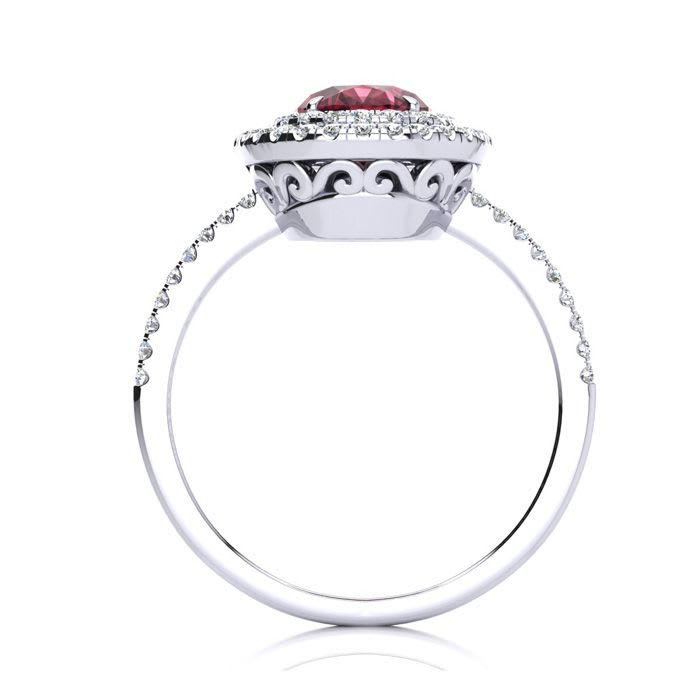 Garnet Ring: Garnet Jewelry: 1 3/4 Carat Oval Shape Garnet and Double Halo Diamond Ring In 14 Karat White Gold