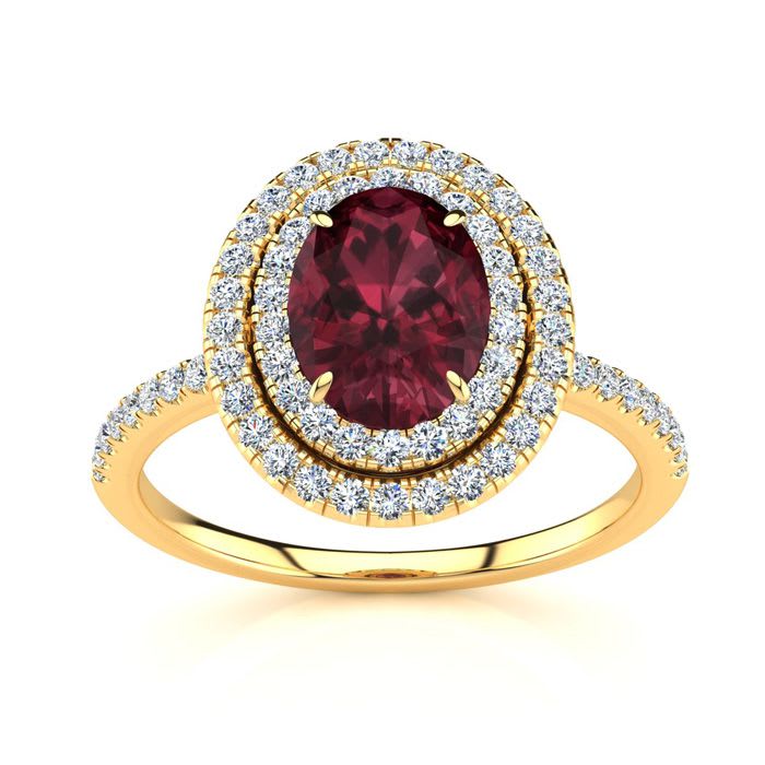 Garnet Ring: Garnet Jewelry: 1 3/4 Carat Oval Shape Garnet and Double Halo Diamond Ring In 14 Karat Yellow Gold