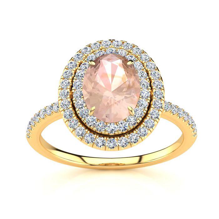 1-1/2 Carat Oval Shape Morganite and Double Halo Diamond Ring In 14 Karat Yellow Gold