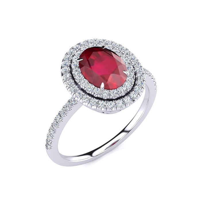 2 Carat Oval Shape Ruby and Double Halo Diamond Ring In 14 Karat White Gold