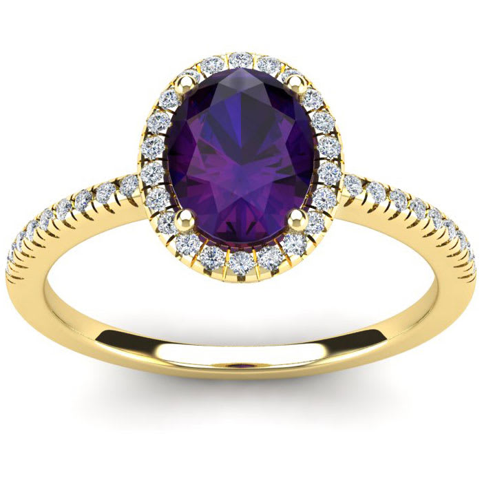 1 1/4 Carat Oval Shape Amethyst and Halo Diamond Ring In 14 Karat Yellow Gold