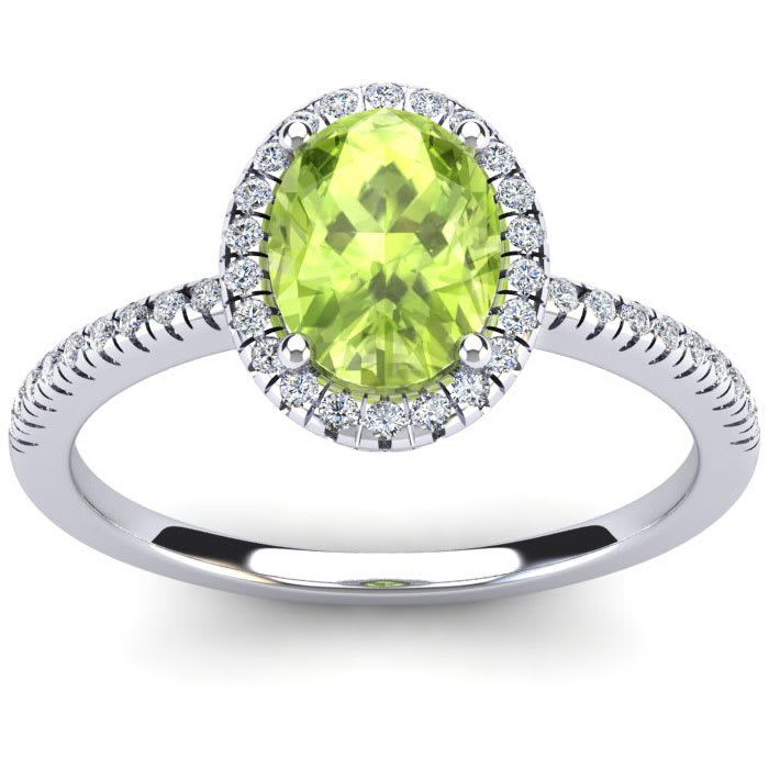 1 1/2 Carat Oval Shape Peridot and Halo Diamond Ring In 14 Karat White Gold