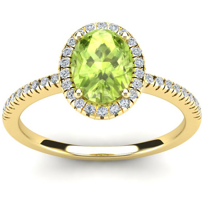 1 1/2 Carat Oval Shape Peridot and Halo Diamond Ring In 14 Karat Yellow Gold
