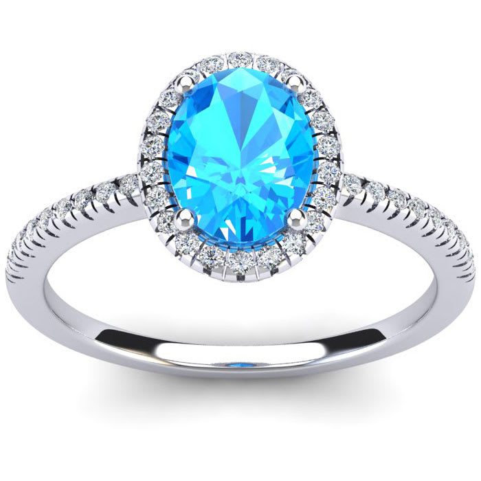 1 3/4 Carat Oval Shape Blue Topaz and Halo Diamond Ring In 14 Karat White Gold