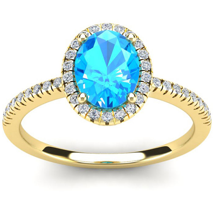 1 3/4 Carat Oval Shape Blue Topaz and Halo Diamond Ring In 14 Karat Yellow Gold